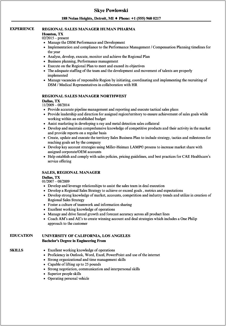 Resume Title For Regional Sales Manager
