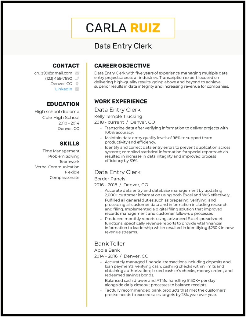 Resume To Apply For Data Entry Job