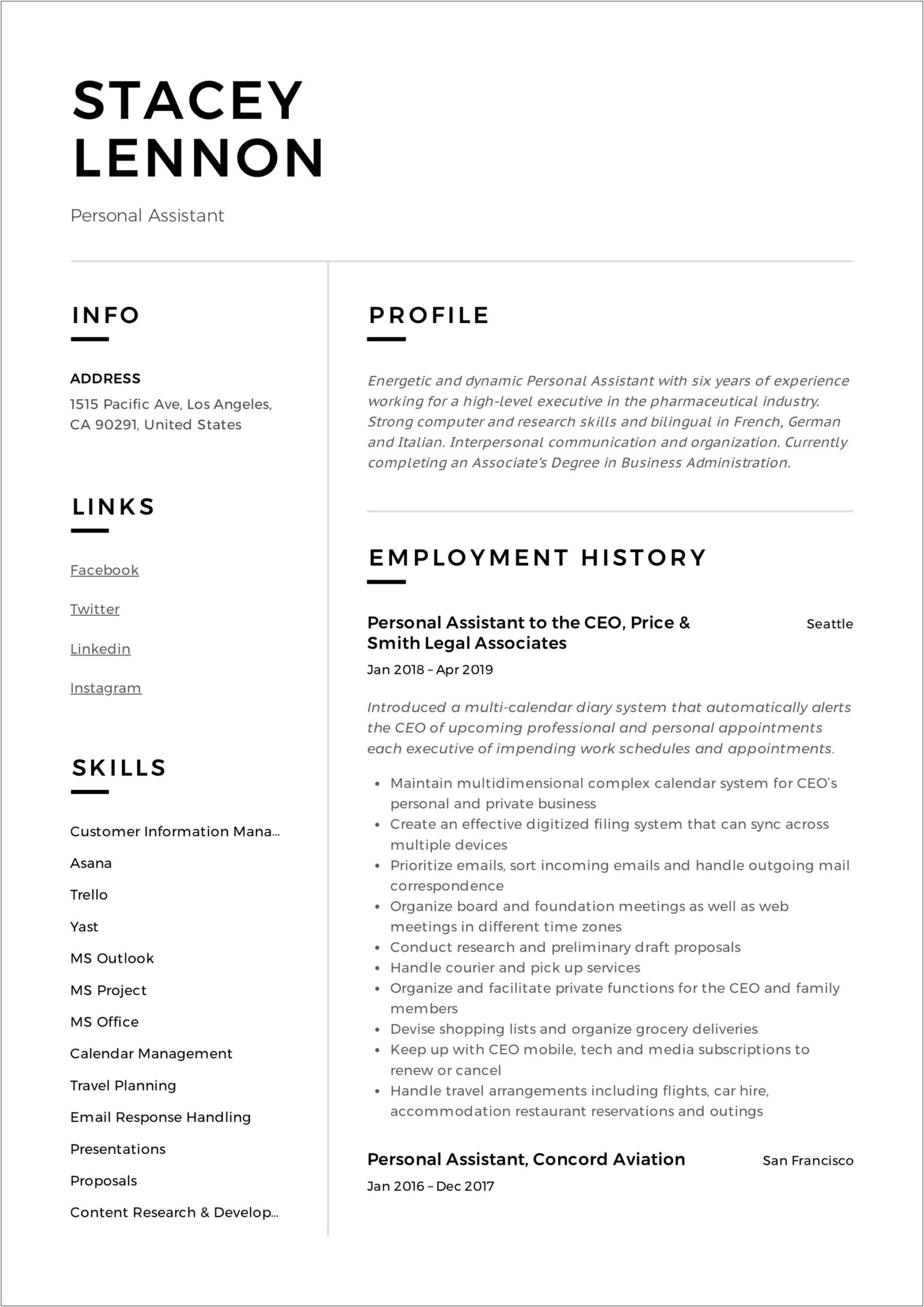 Resume To Get Personal Assistant Job