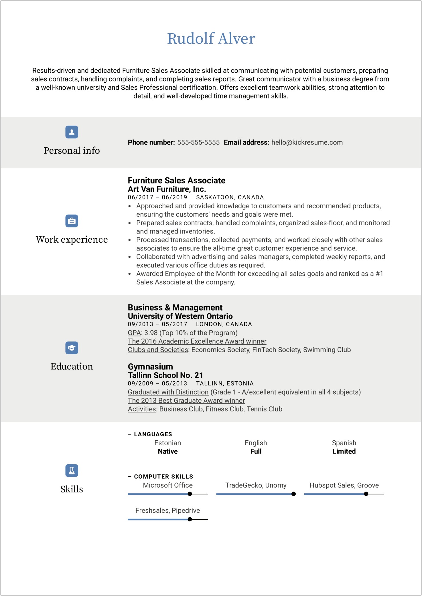 Resume To Work At A Furniture Store