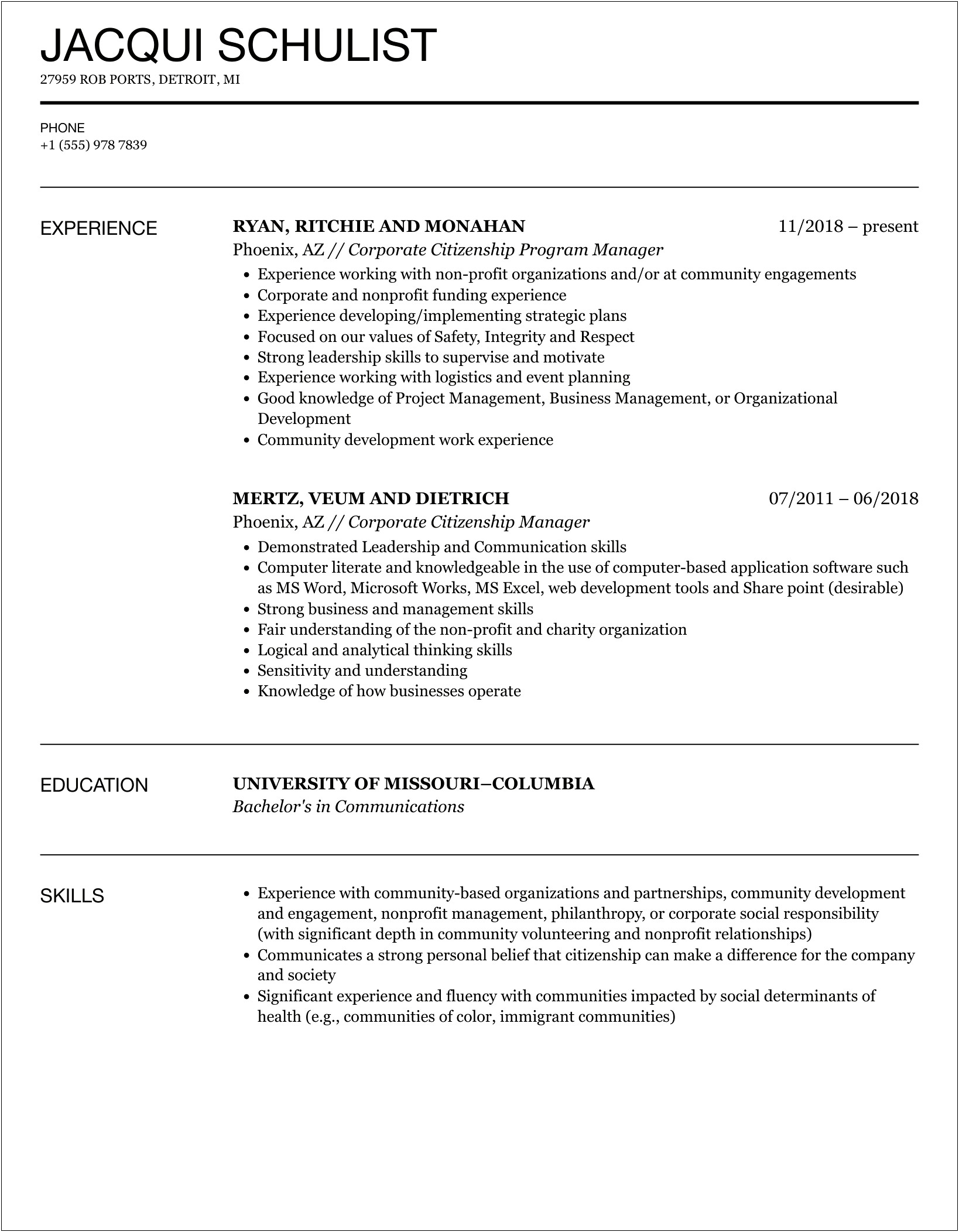 Resume To Work For A Non Profit