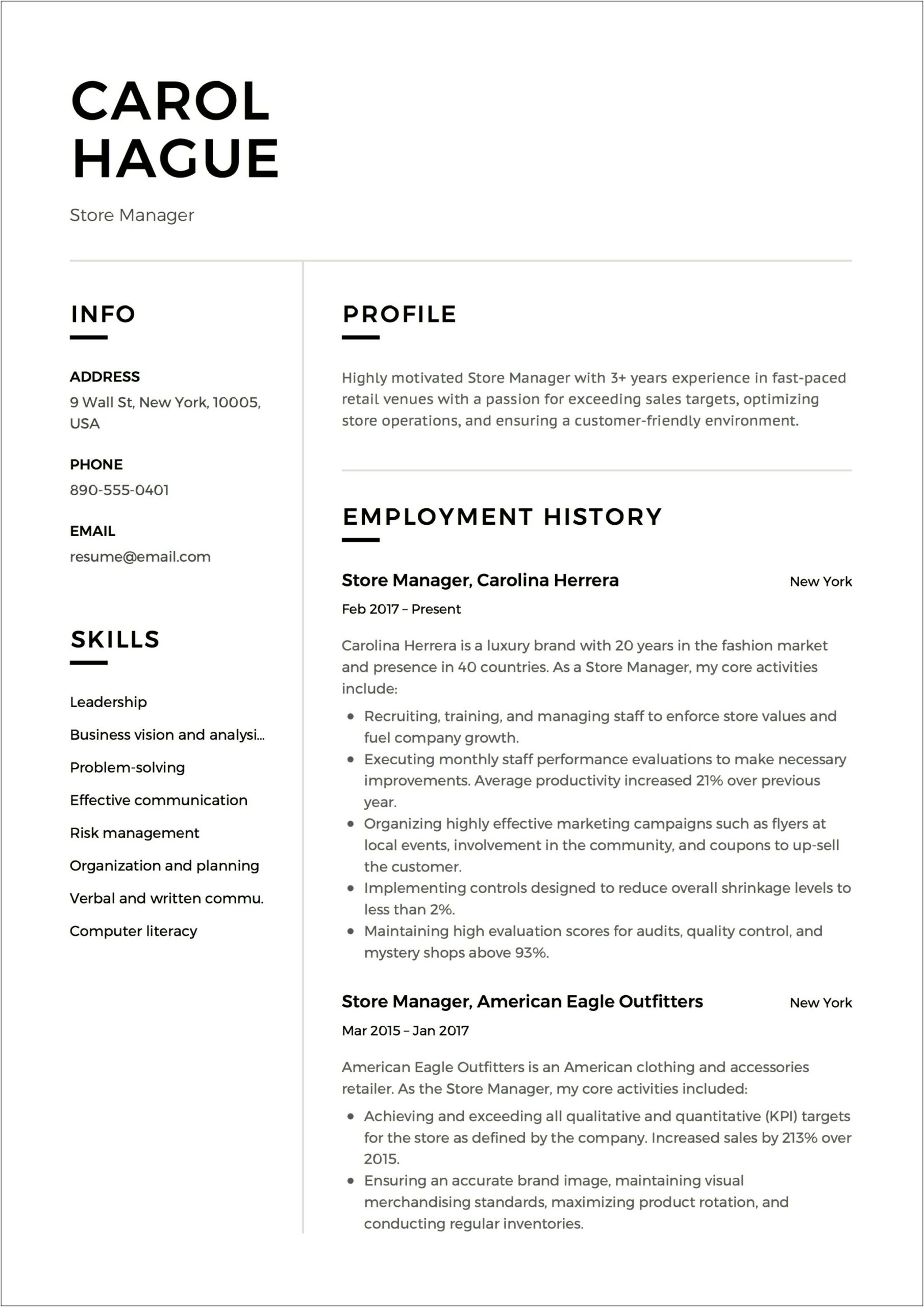 Resume To Work In A Clothing Store