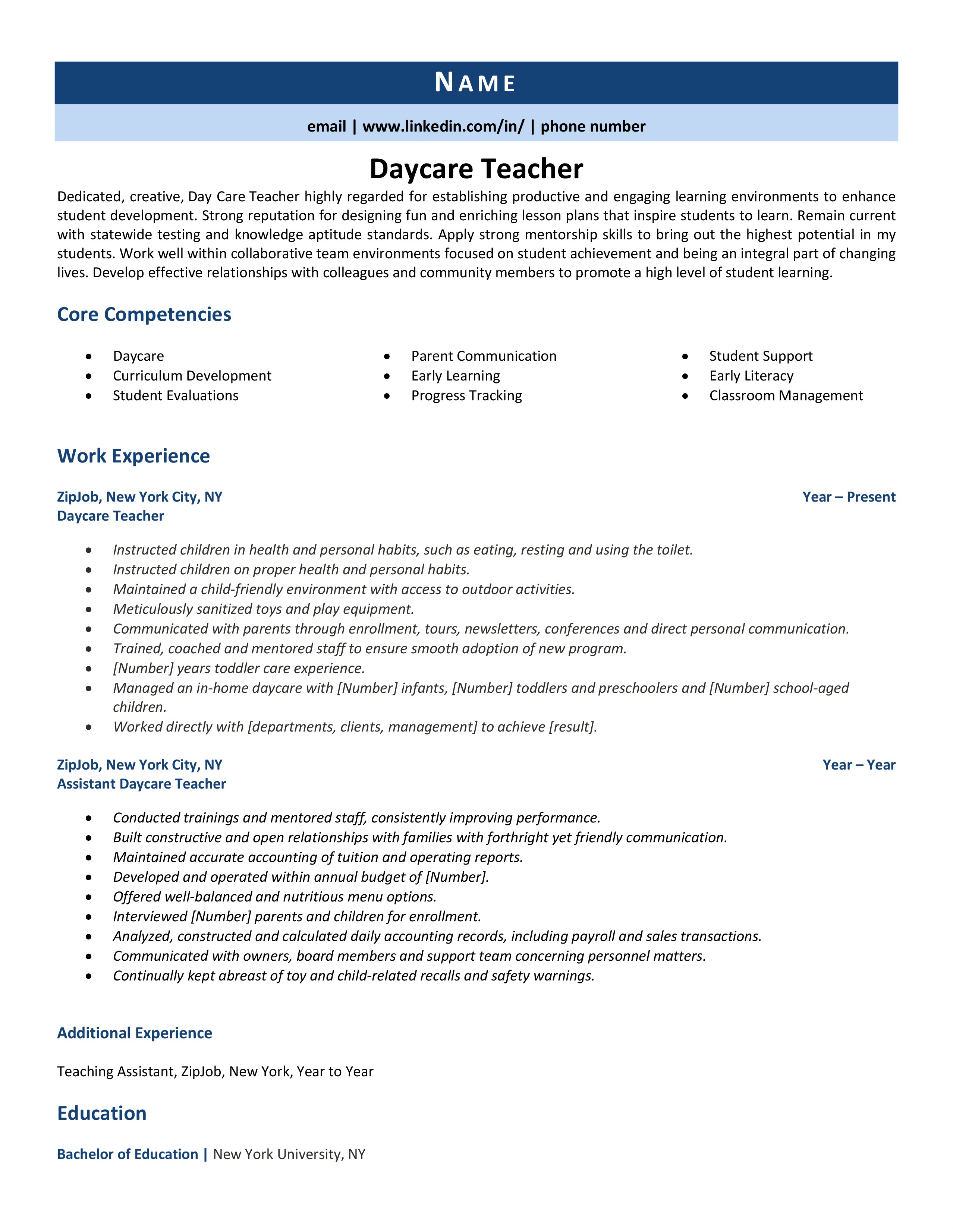 Resume Verbage For Day Daycare Worker
