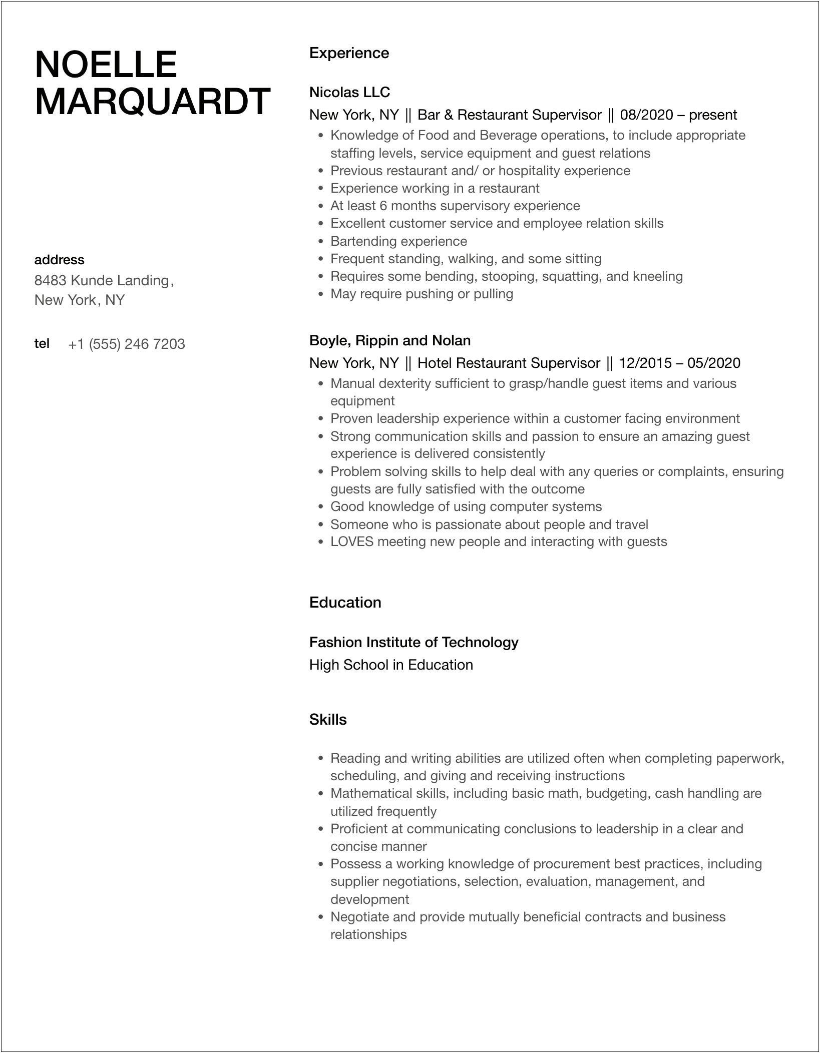 Resume With 6 Months Experience In Restaurant Industry