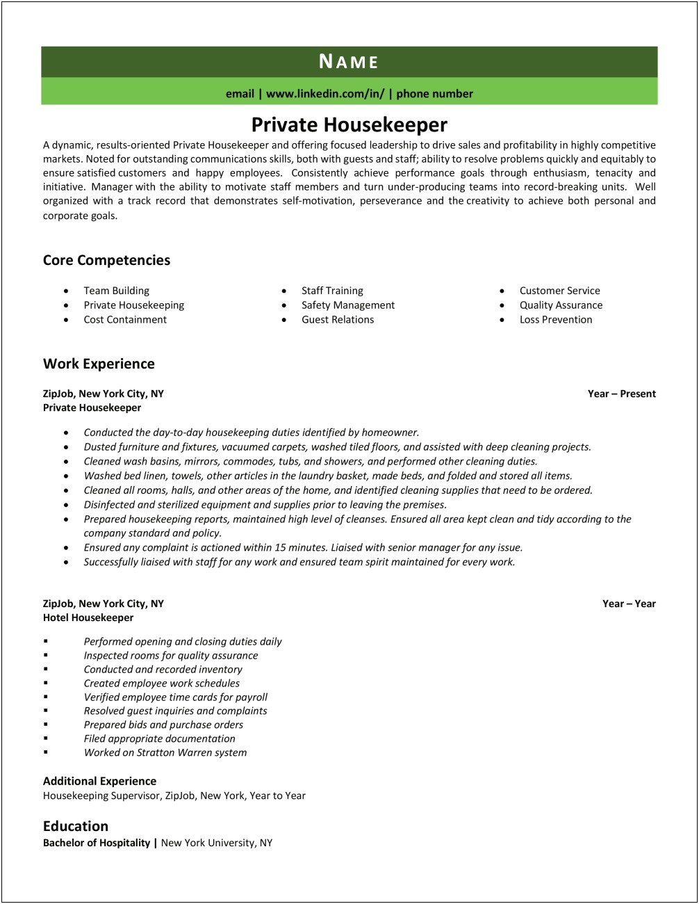 Resume With Housekeeping And Laundry Experience