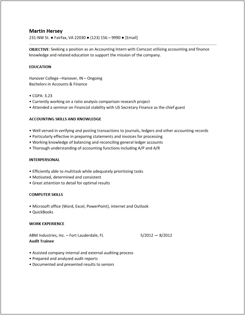 Resume With Knowledge Skills Abut Legers Accounting