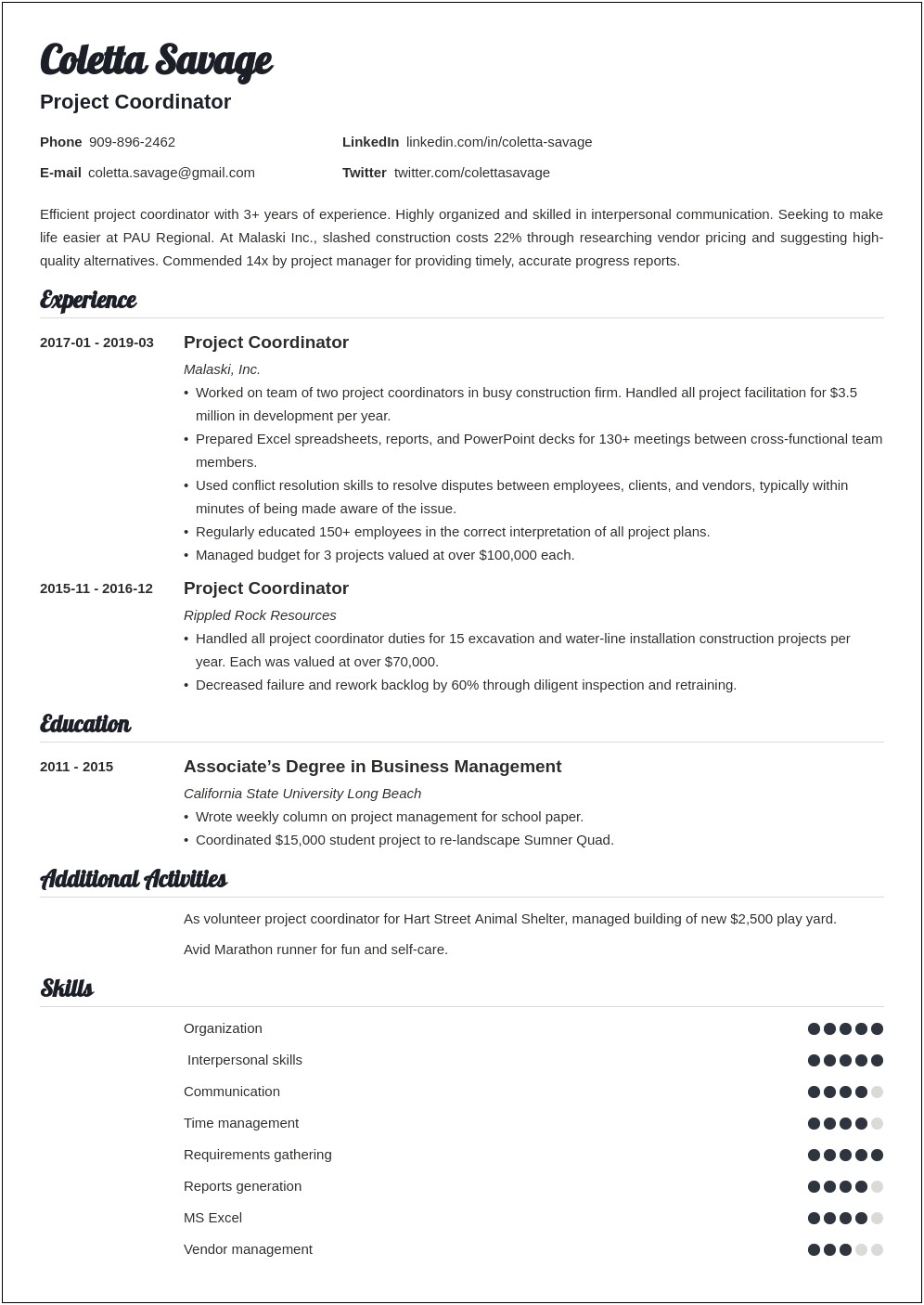 Resume With Summary For Service Coordinator