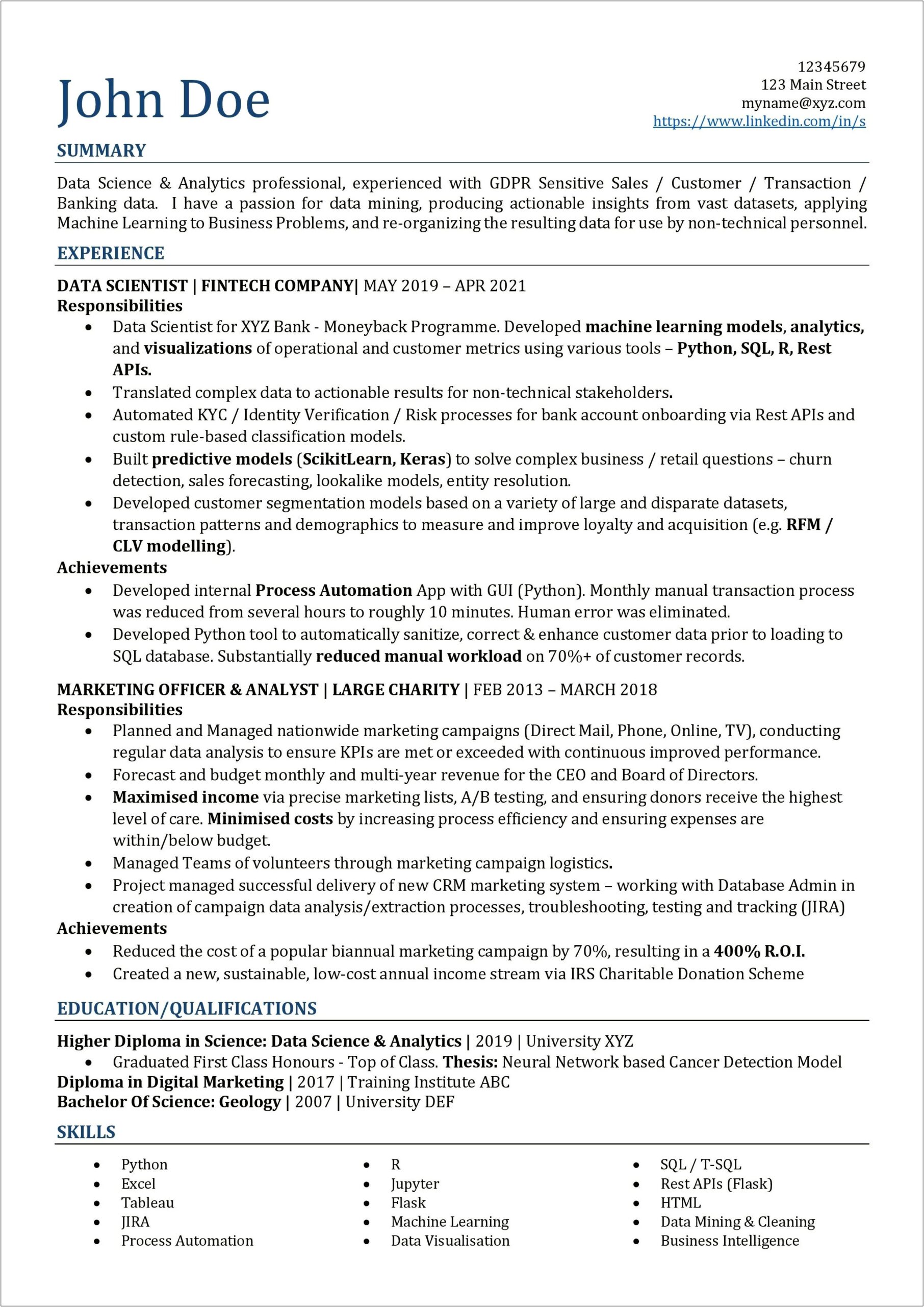 Resume With Tableau Skill 2 Years Experience