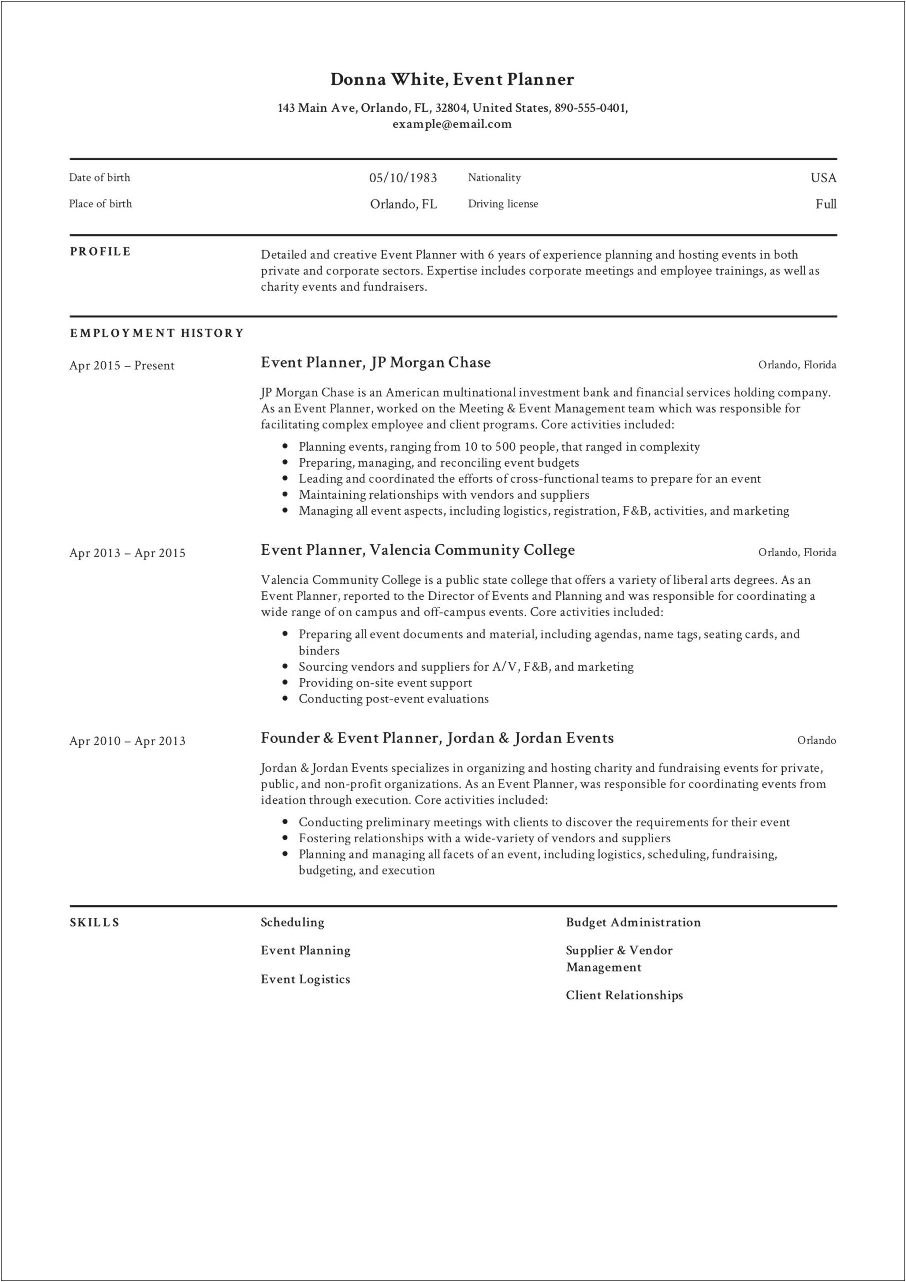 Resume Wording Office Ordering Event Planning