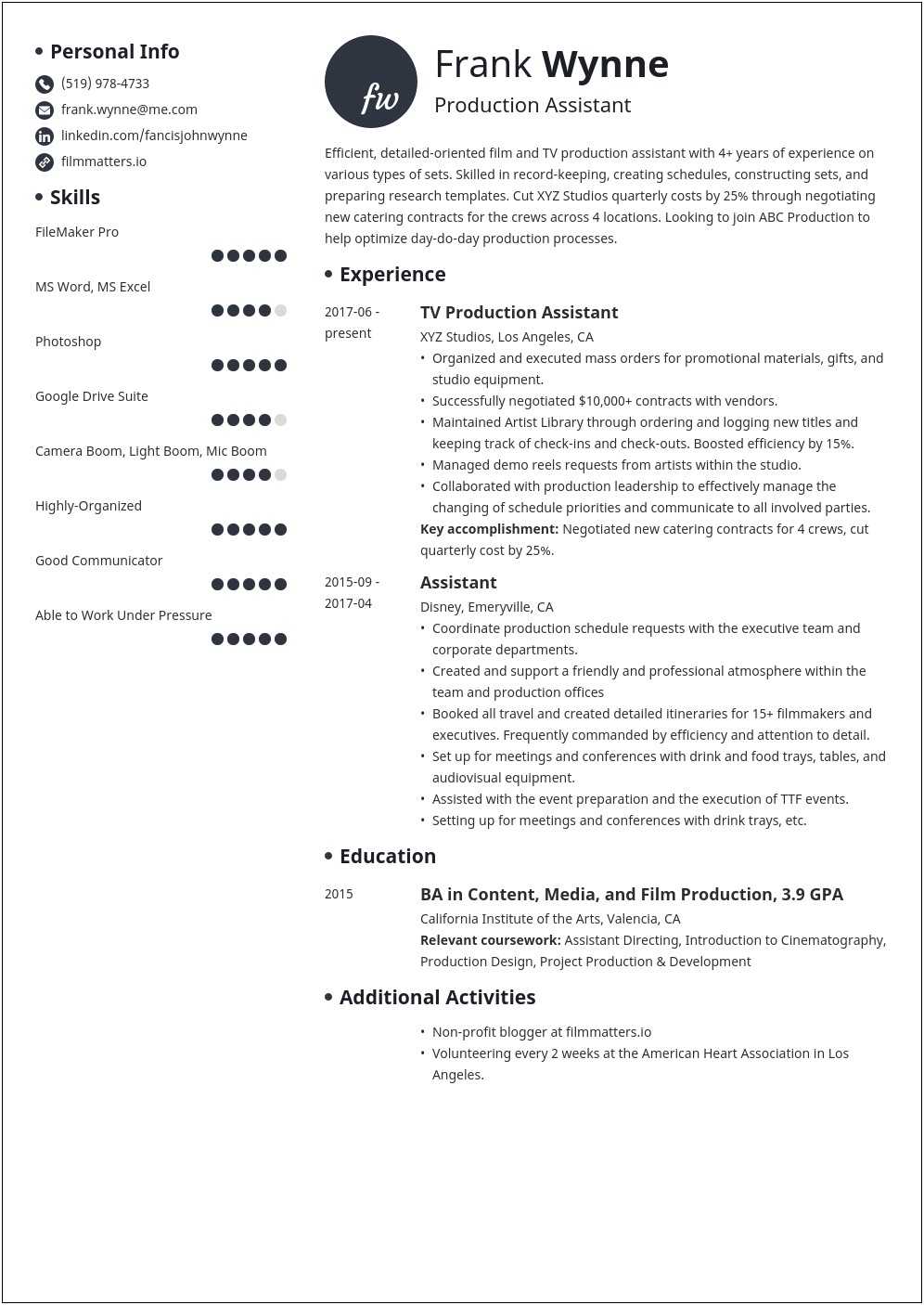 Resume Words For Tv Production Assistant