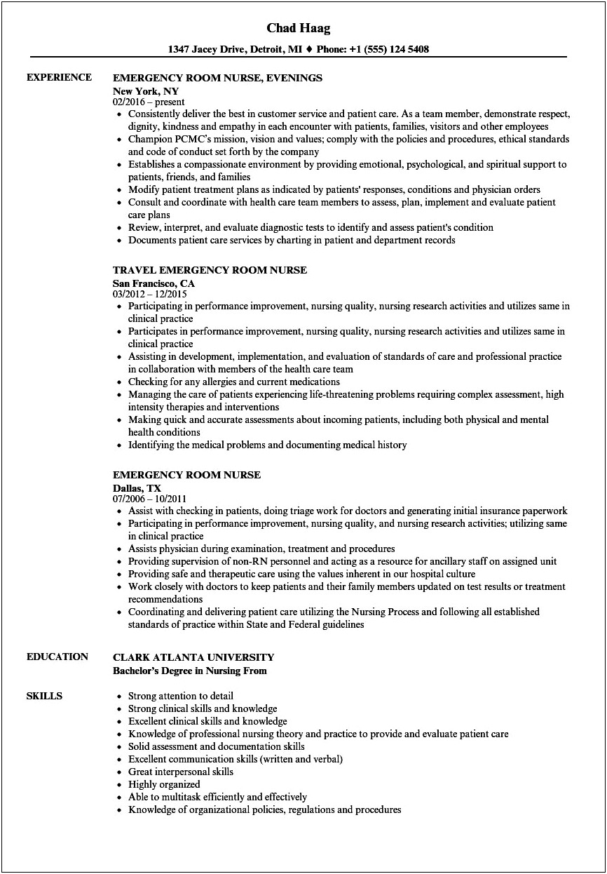 Resume Work Experience Emergency Department Nurse