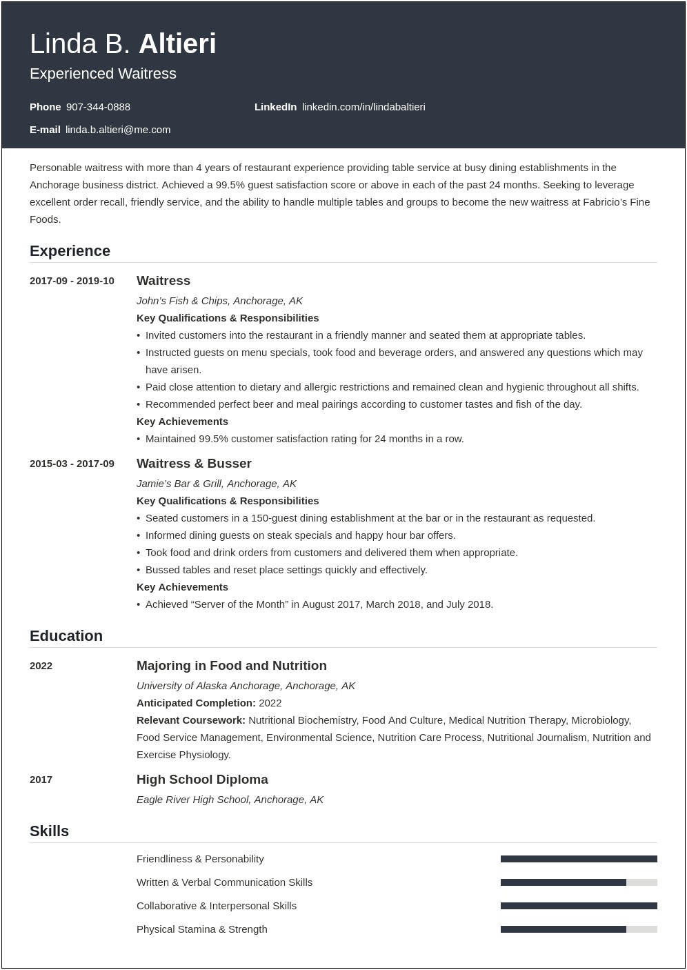 Resume Work Experience Examples For Waitress