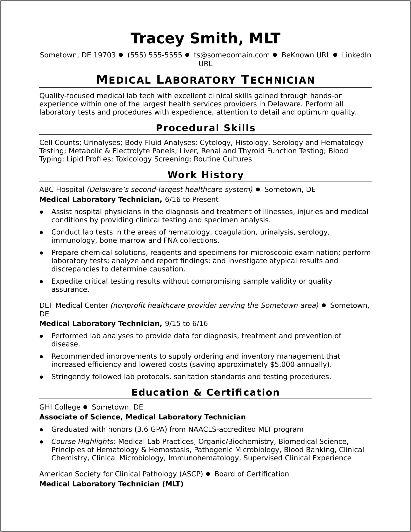 Resume Work Experience For Medical Technologist