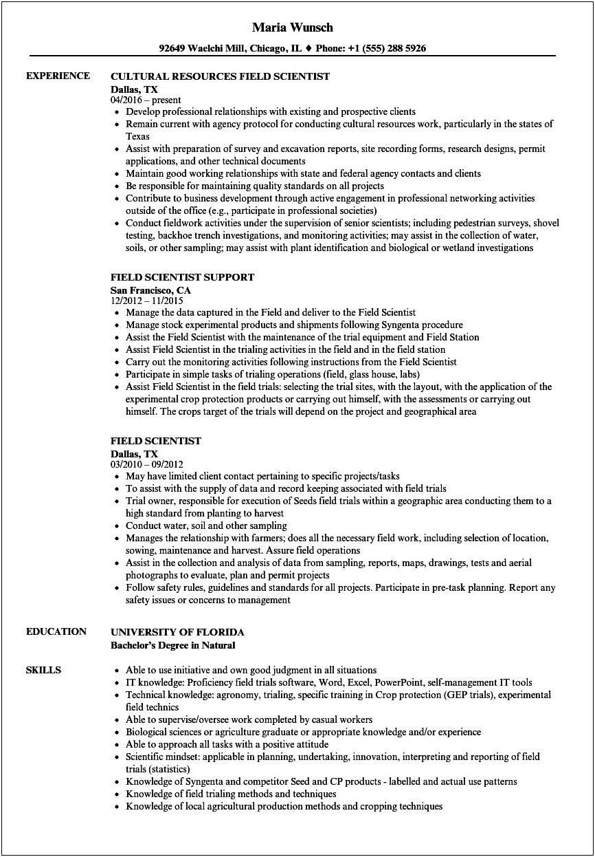 Resume Work Experience Responsibilitiesbiology Sample Phd Level