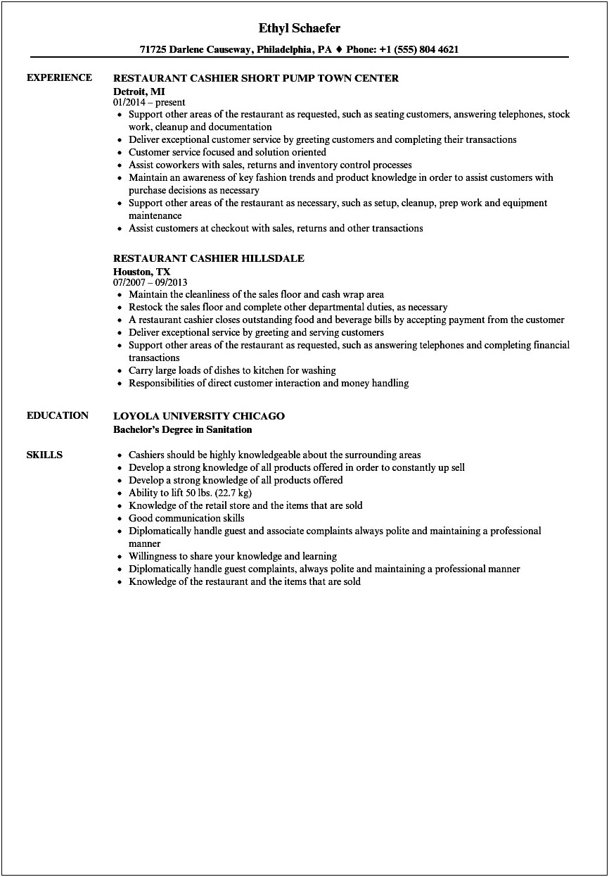 Resume Working At A Restaurant Examples