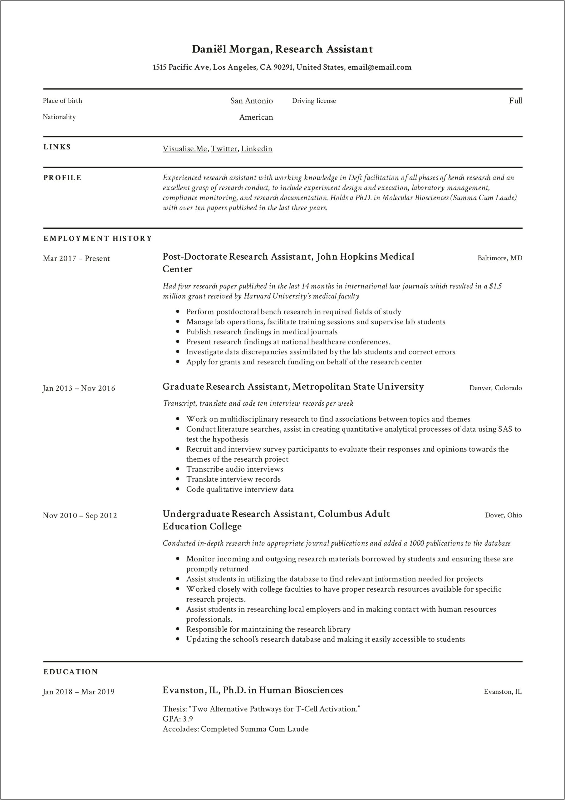 Resume Working With People In Psychology Research