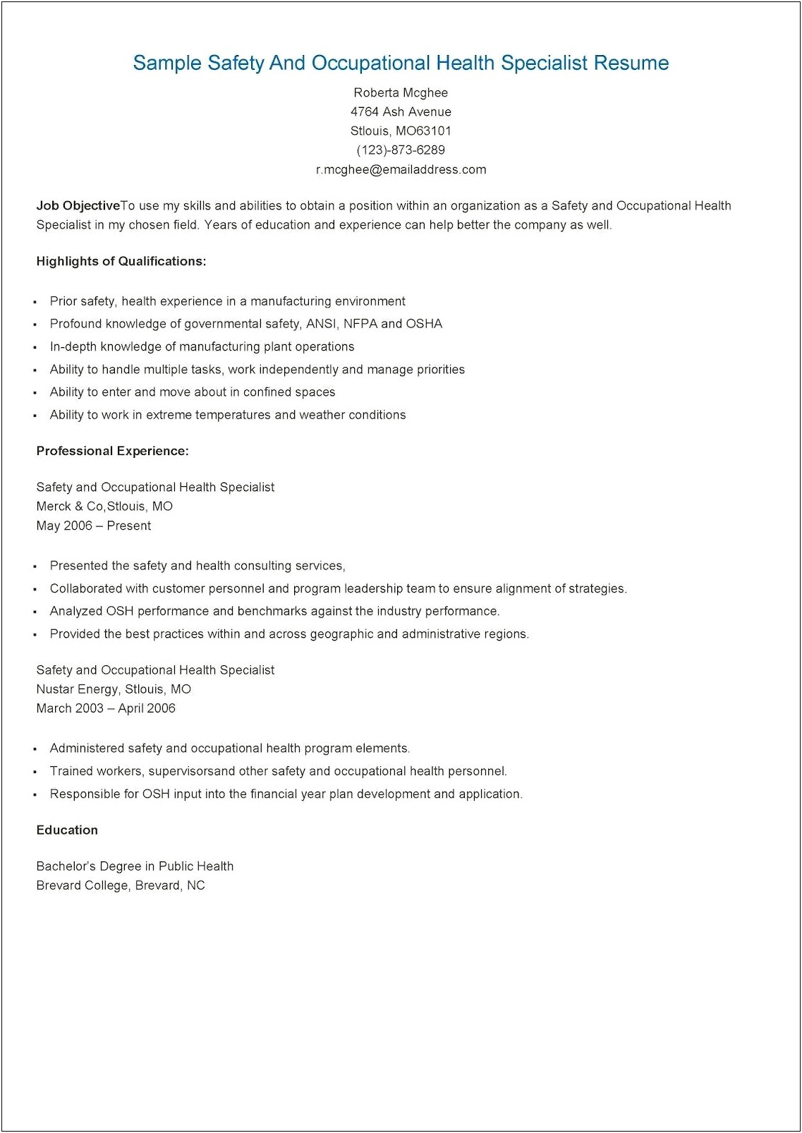 Resume Writers On Environmenttal And Safety Jobs