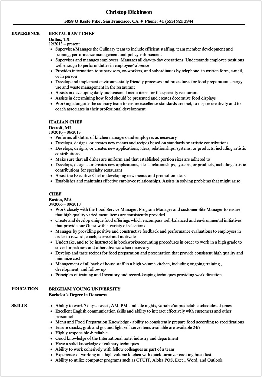 Resumes Examples For Cooks Teamwork Skills
