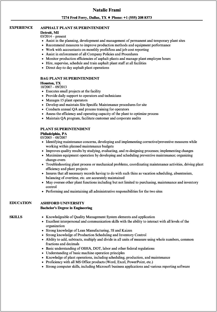Resumes Examples For Power & Light Superintendent