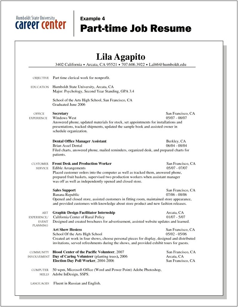 Resumes For Part Time Job While In College