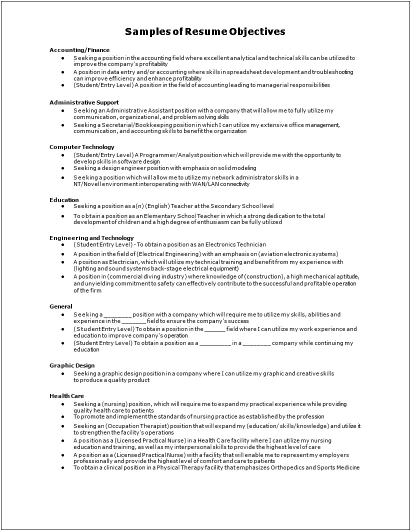 Resumes Objective For Administrative Assistant Position