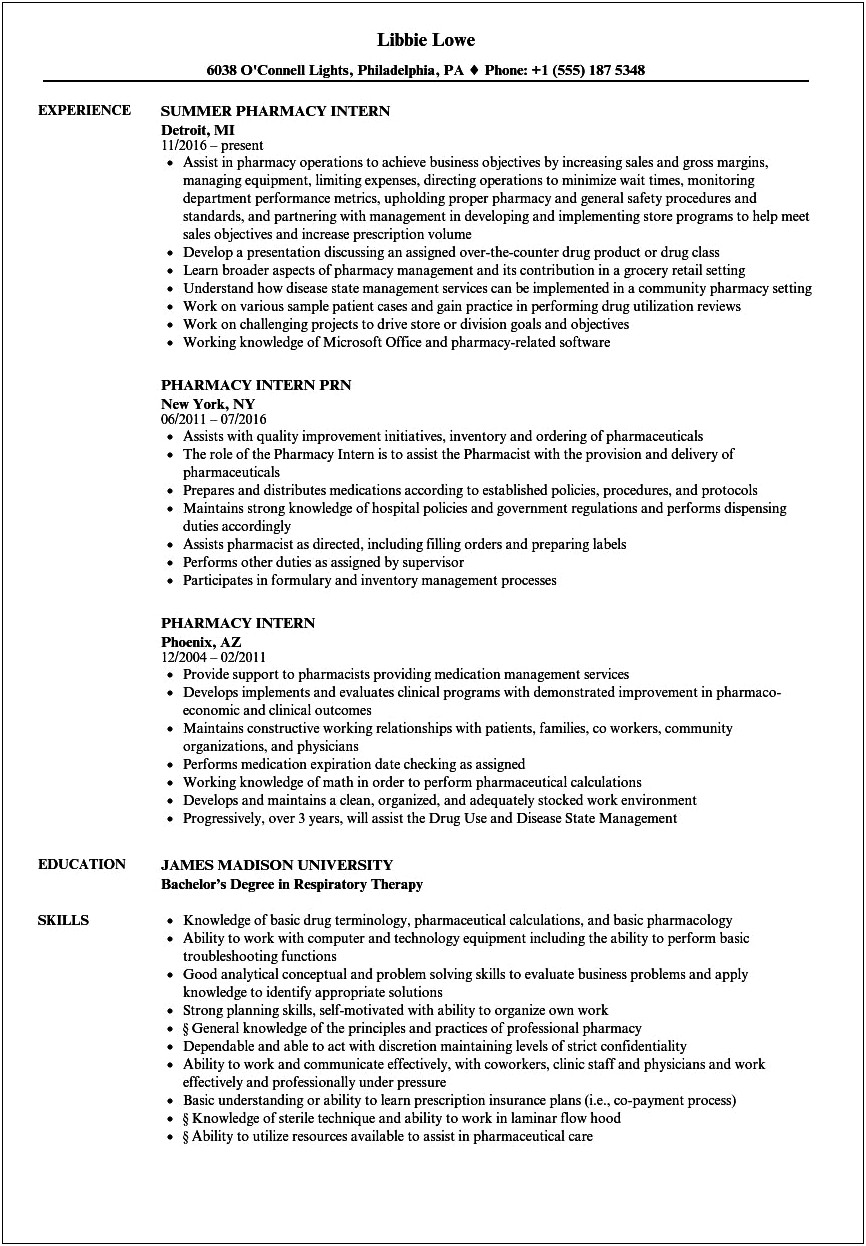 Resumes Skill Examples For Pharmacy Intern