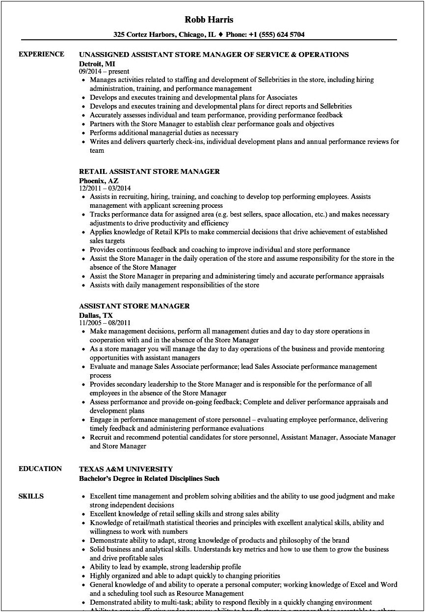 Retail Assistant Manager Job Description Resume