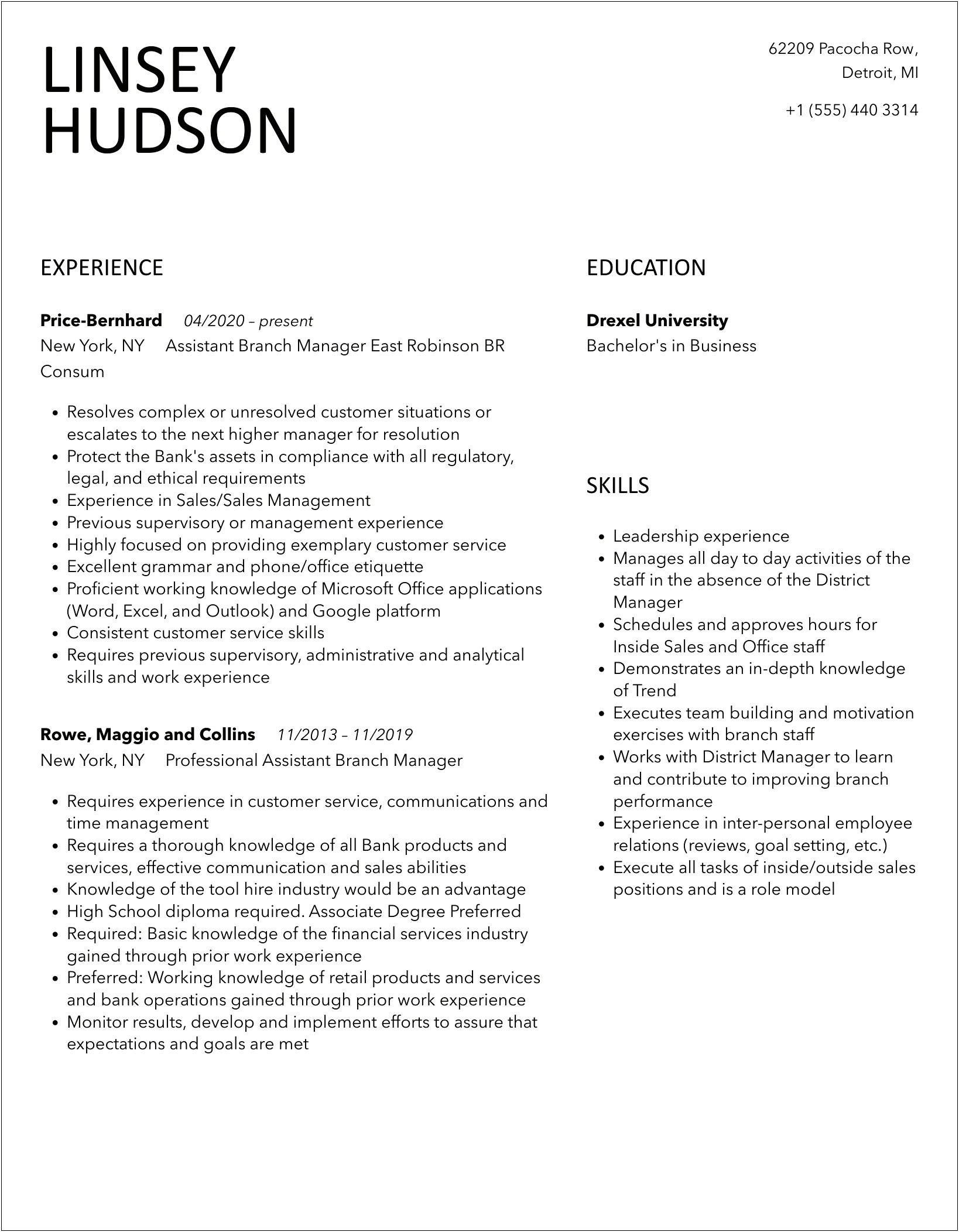 Retail Bank Assistant Branch Manager Resume