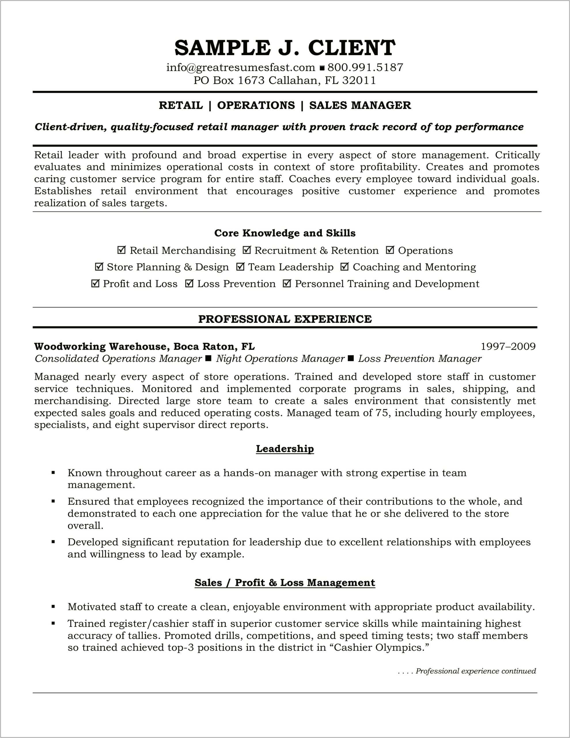 Retail Management Resume Examples And Samples