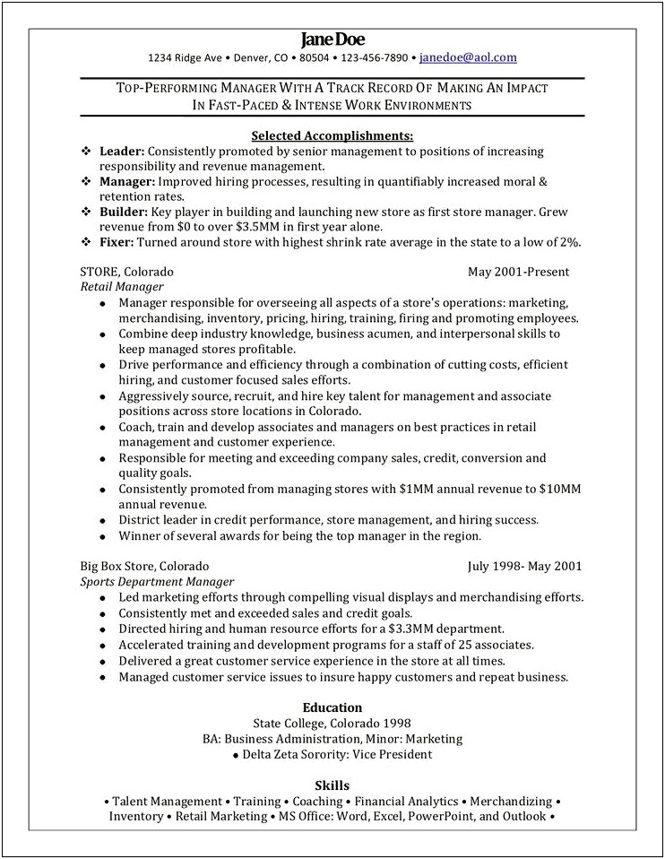 Retail Management Resume Examples With Objective