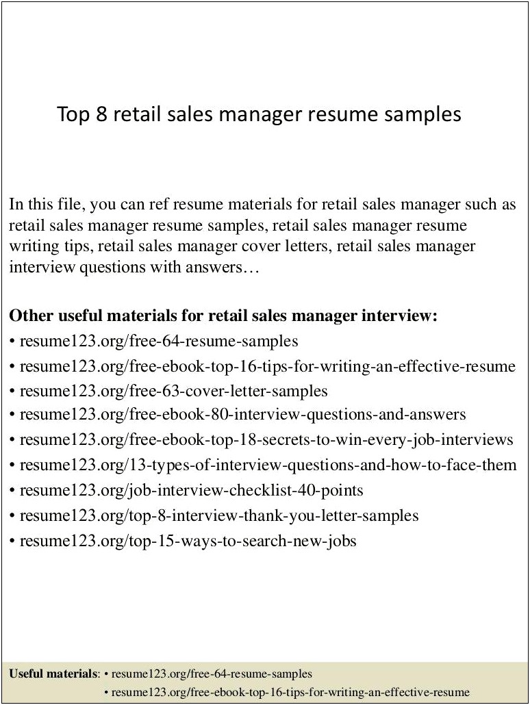 Retail Management Retail Sales Manager Resume Samples