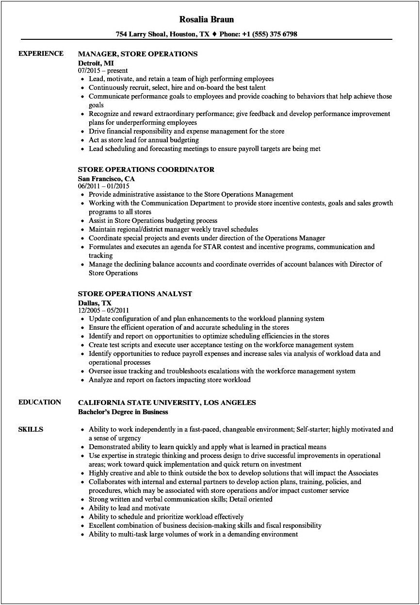 Retail Operations Manager Job Description For Resume