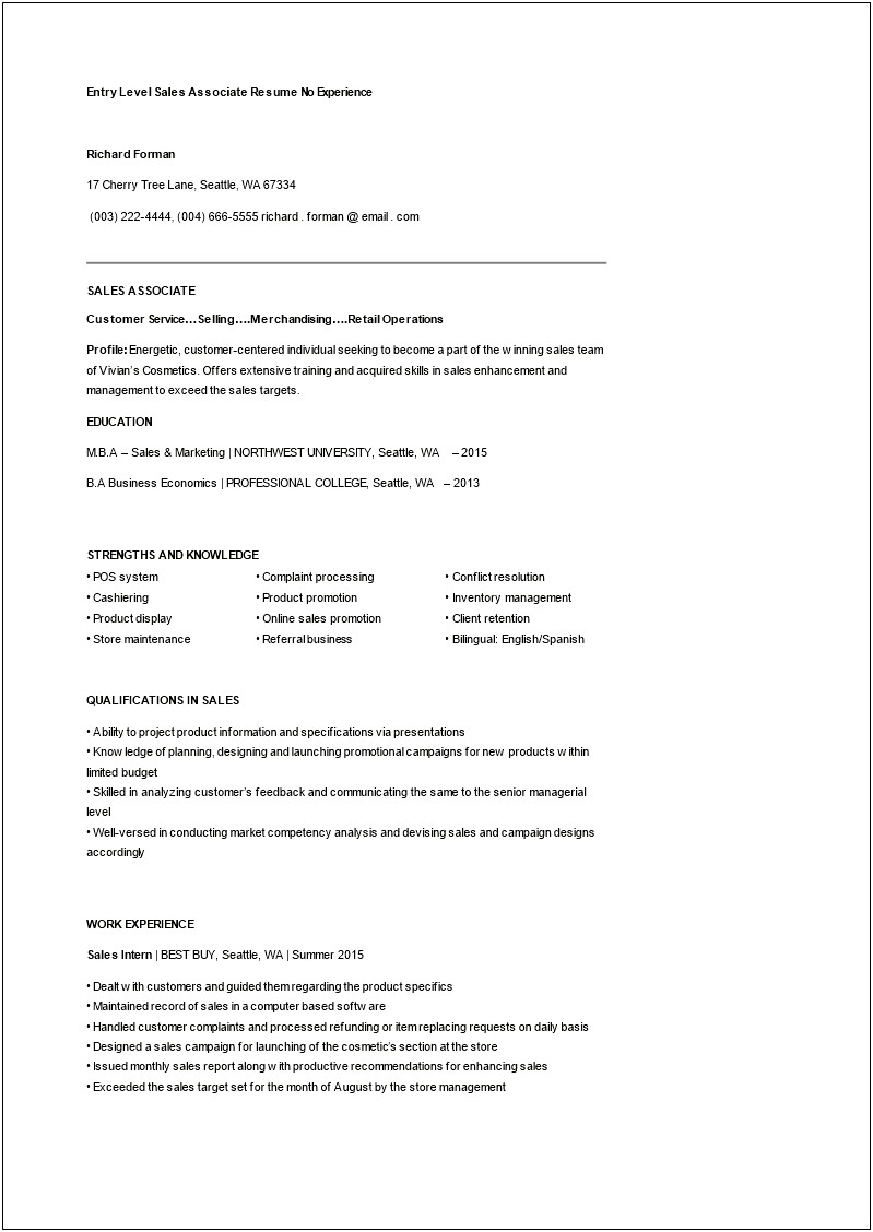 Retail Resume Sample With No Experience