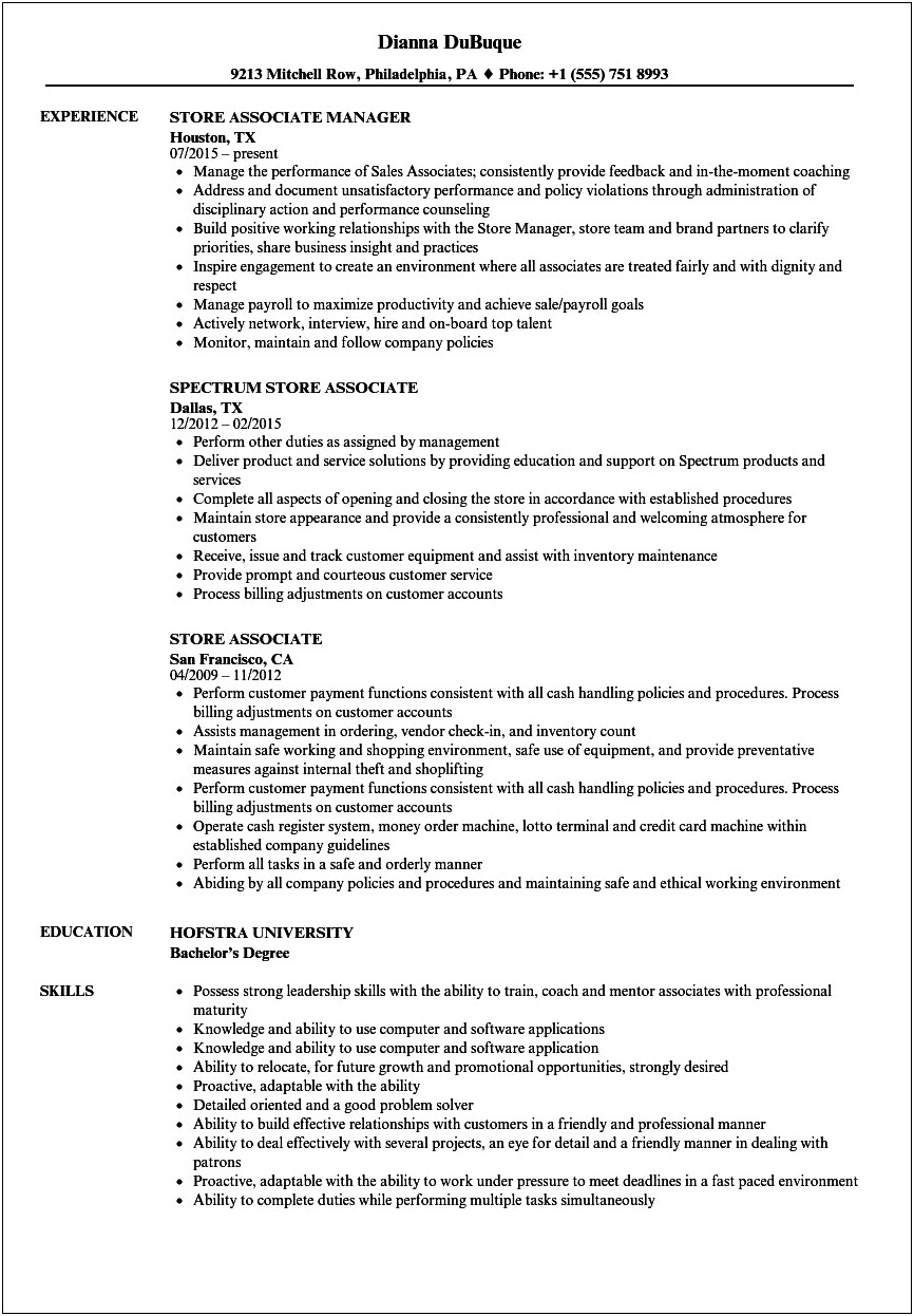Retail Sales Associate Job Resume Description Sample
