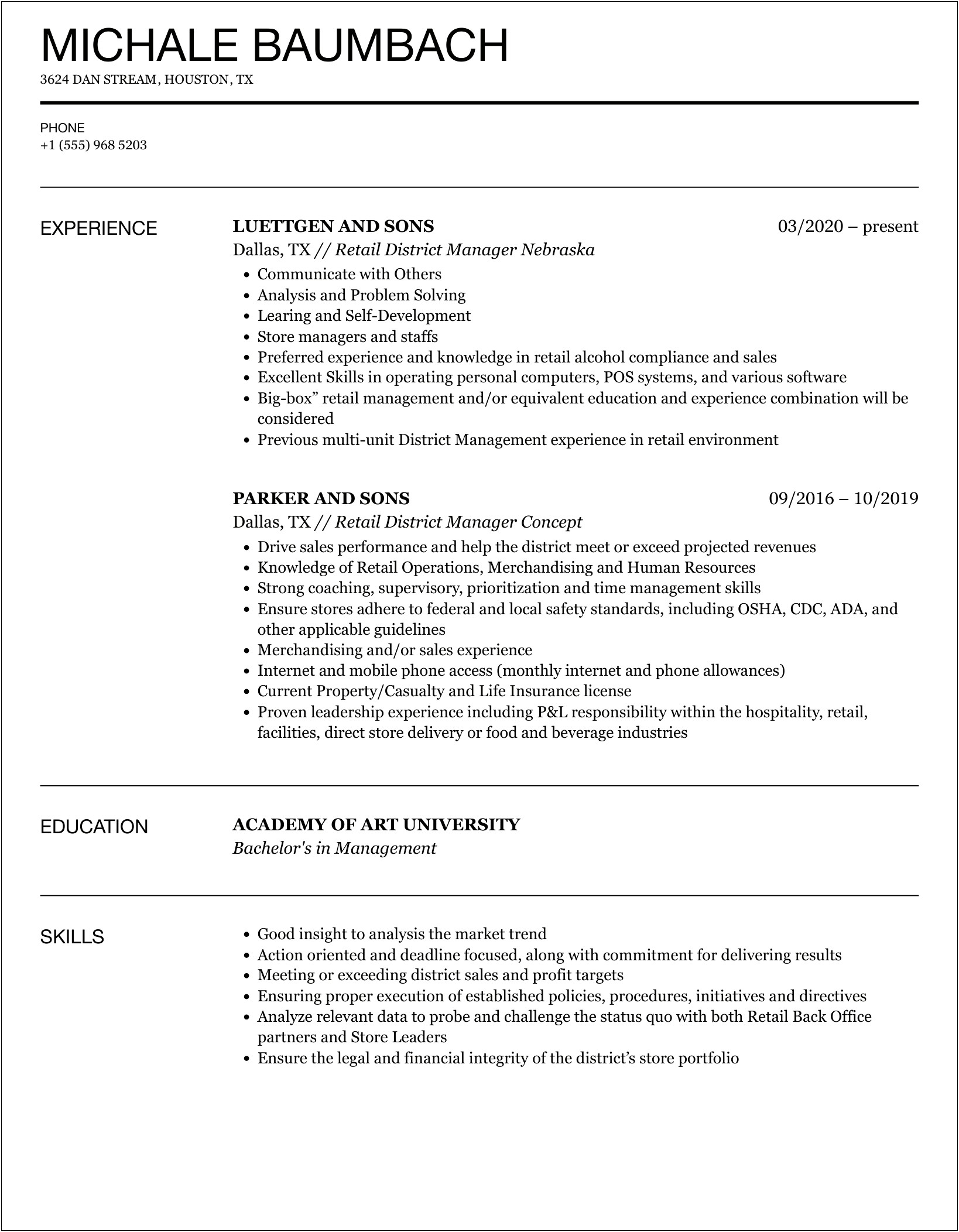 Retail Sales District Manager Perfect Resume