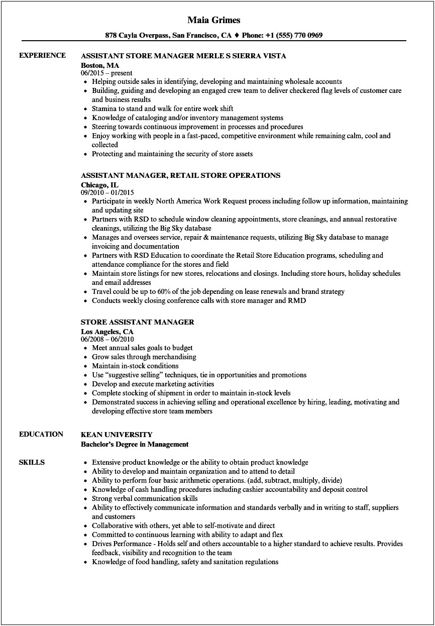 Retail Skills For Resume For Assistant Manager