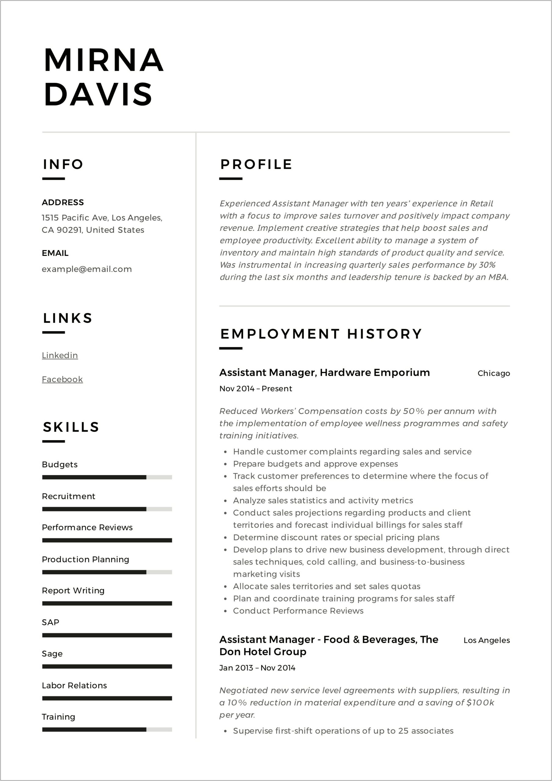 Retail Store Assistant Store Manager Resume