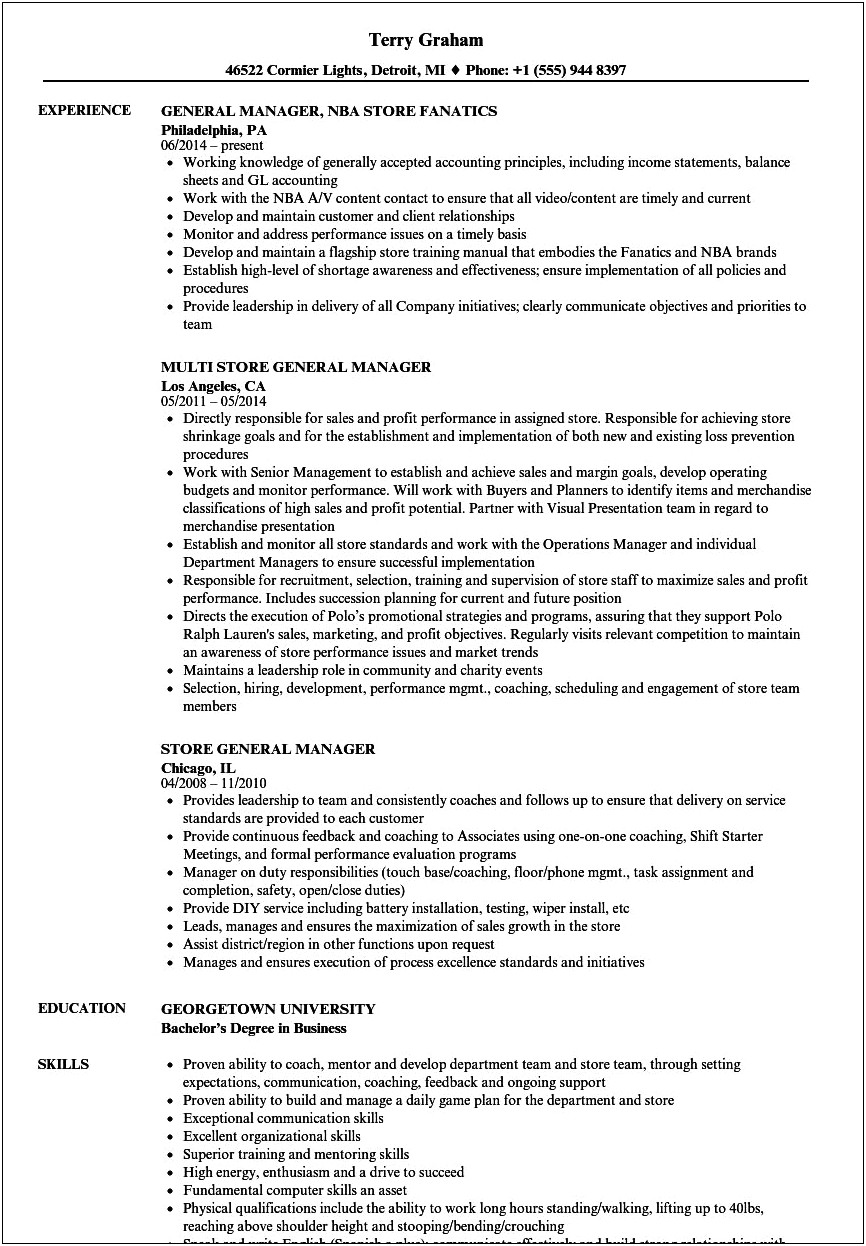 Retail Store Manager Duties To List On Resume
