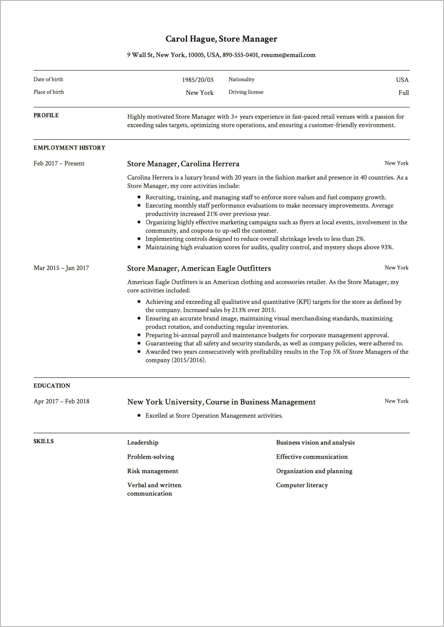 Retail Store Manager Resume Template Free And Printable