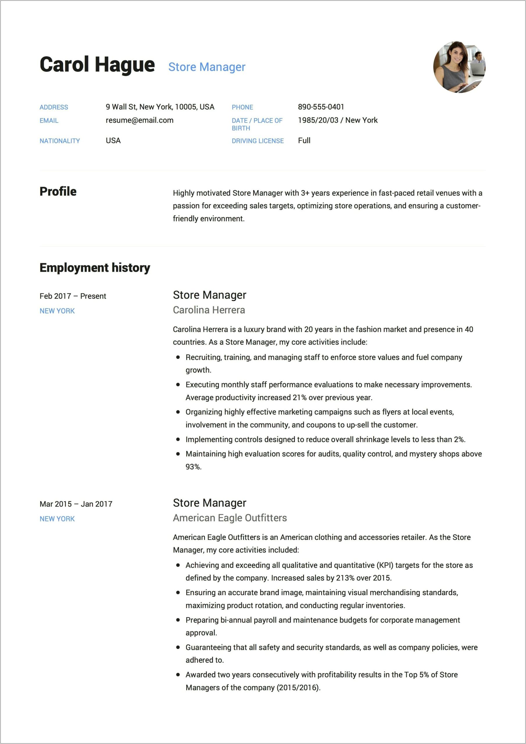 Retail Store Manager Resume Word Format