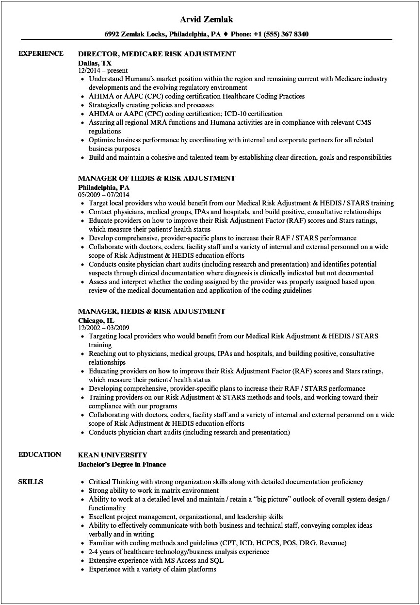 Risk Adjustment Coding Resume Template Examples