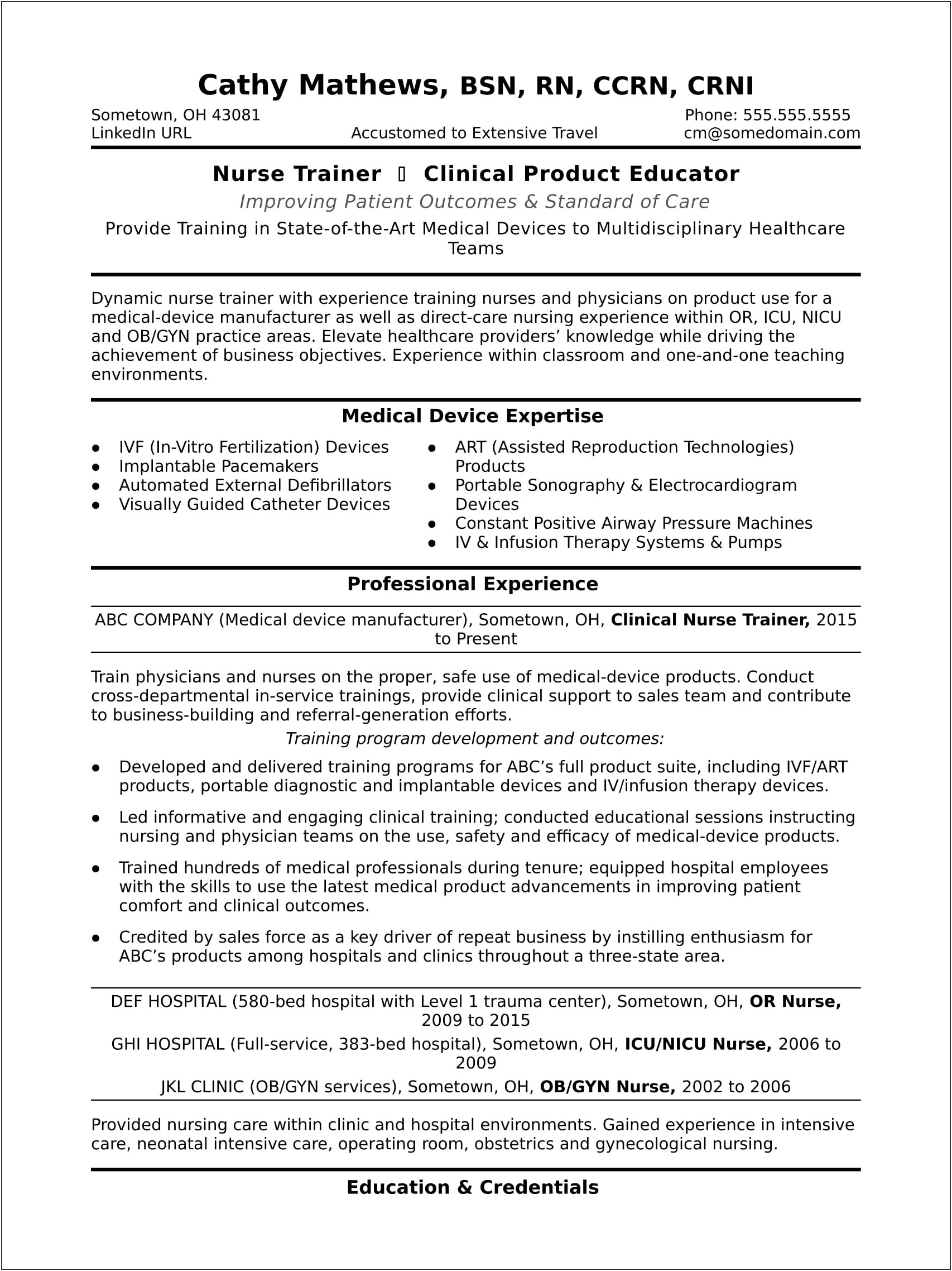 Rn Bsn With 1 Year Experience Resume Sample