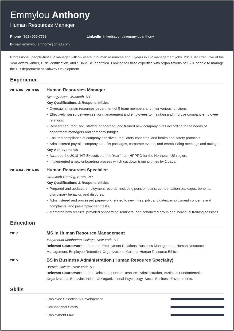 Role Of Human Resources Manager Resume Summary