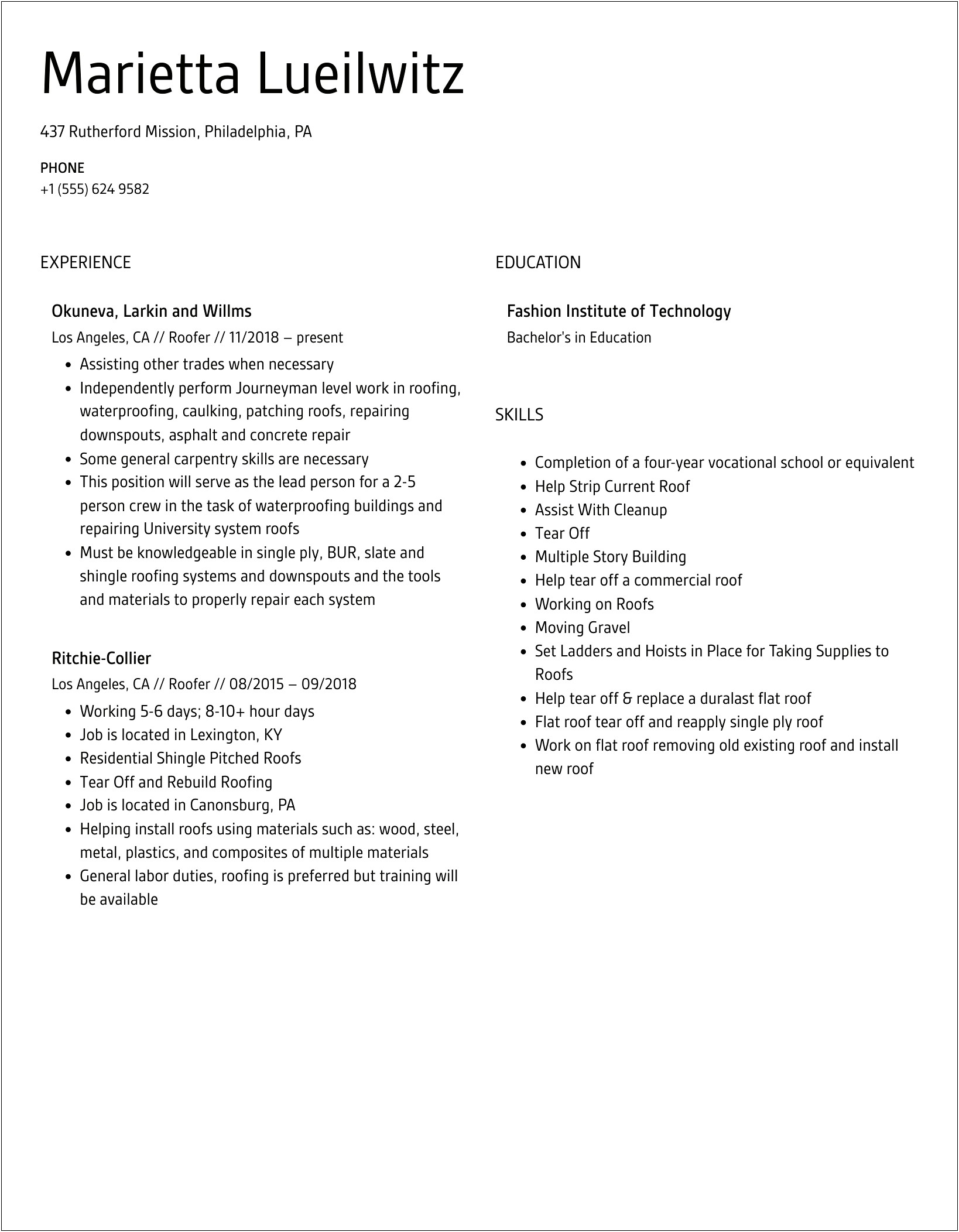 Roofing Laborer Job Description For Resume