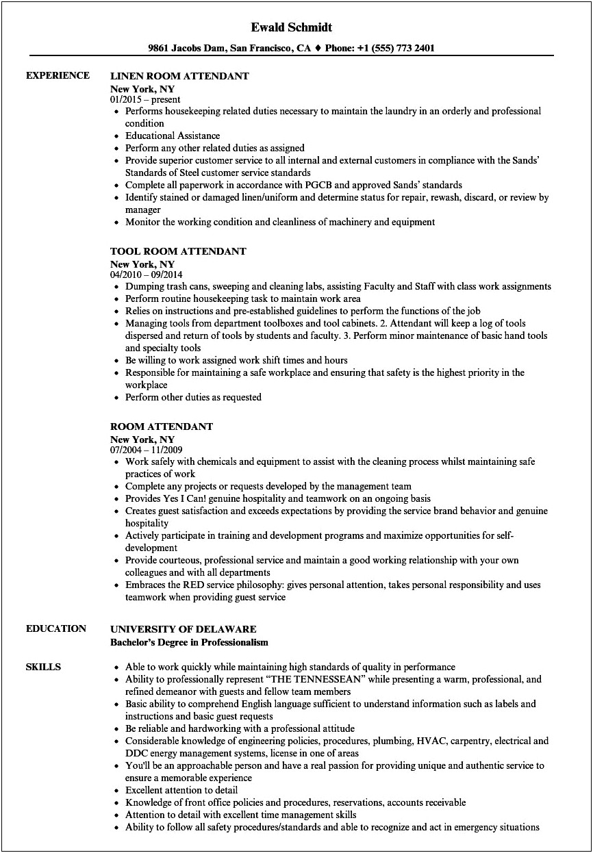 Room Attendant Job Description For Resume