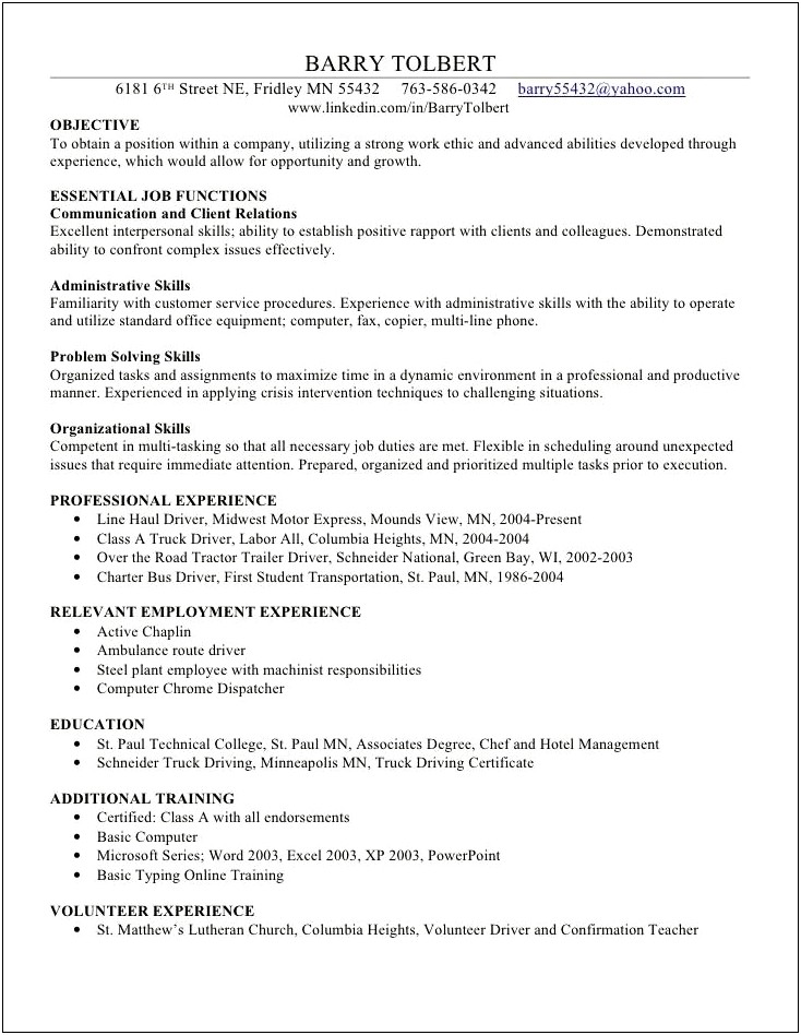 Route Driver Job Description For Resume