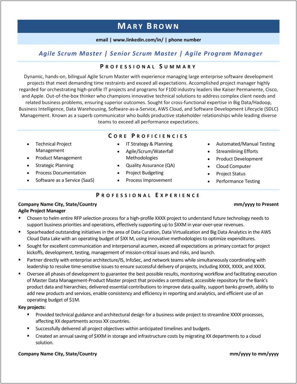 Safe Agile Scrum Master Project Manager Resume