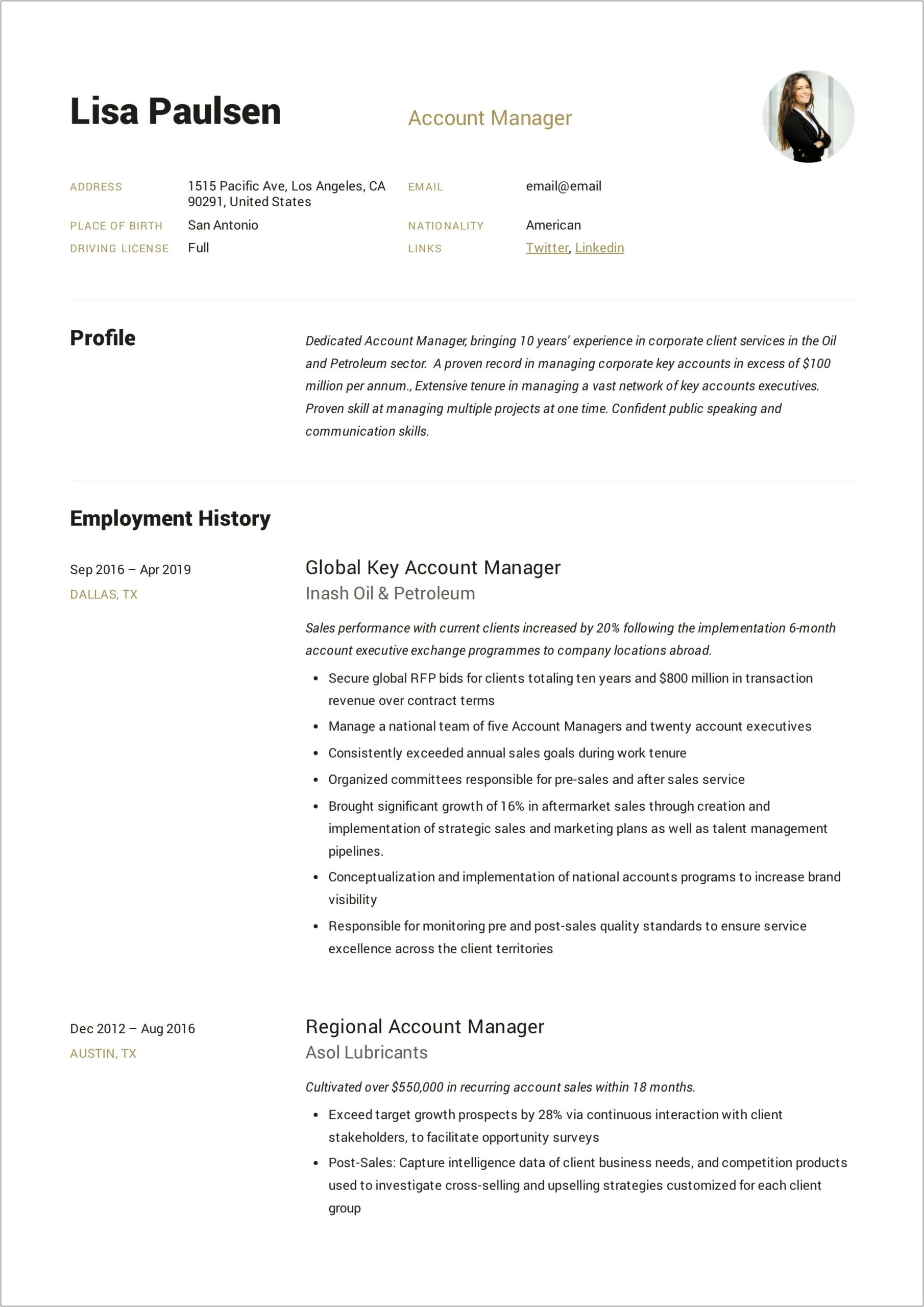 Sales Account Manager For Beverage Company Resume Summary