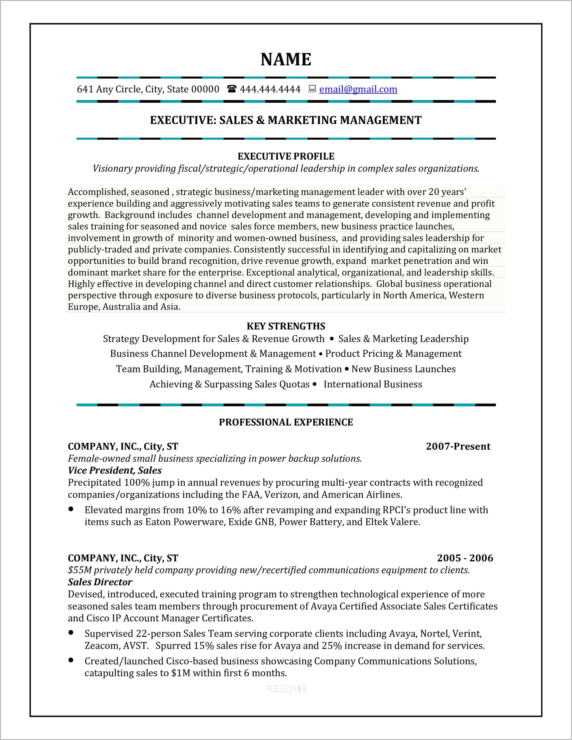 Sales And Marketing Executive Resume Samples