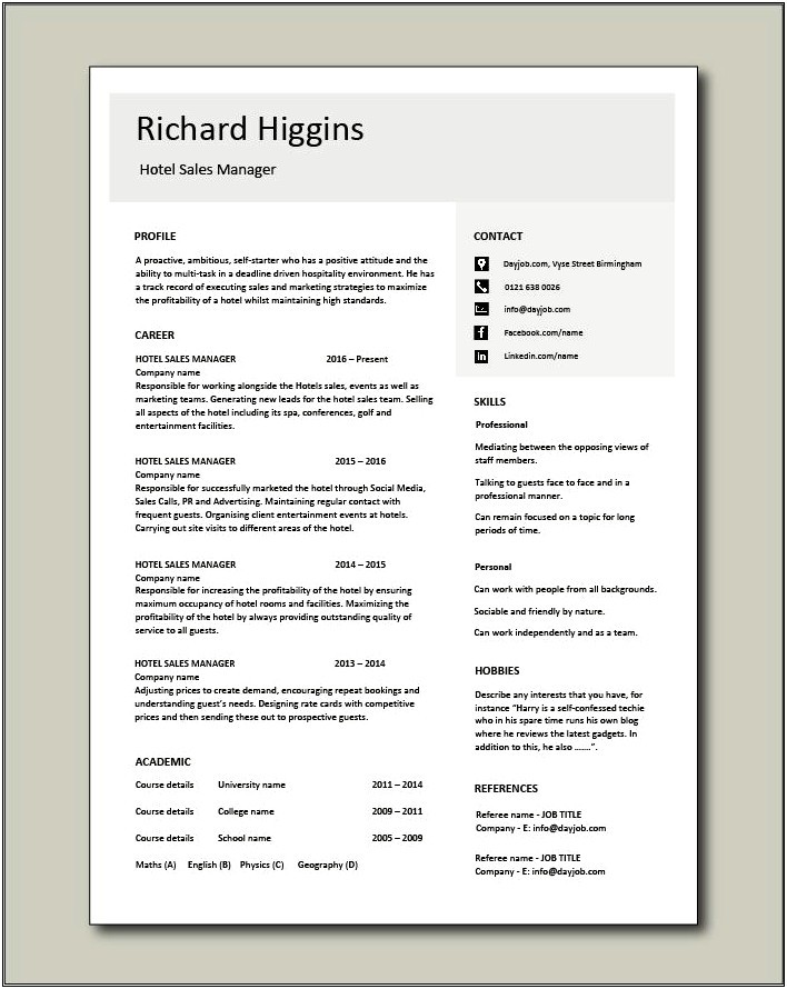Sales And Marketing Hotel Resume Sample